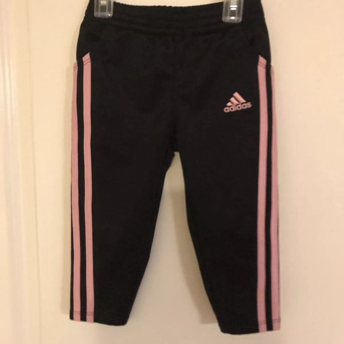 Adidas Pants Toddler Size 2T Black W Pink Stripe Embroidered Logo Excellent
