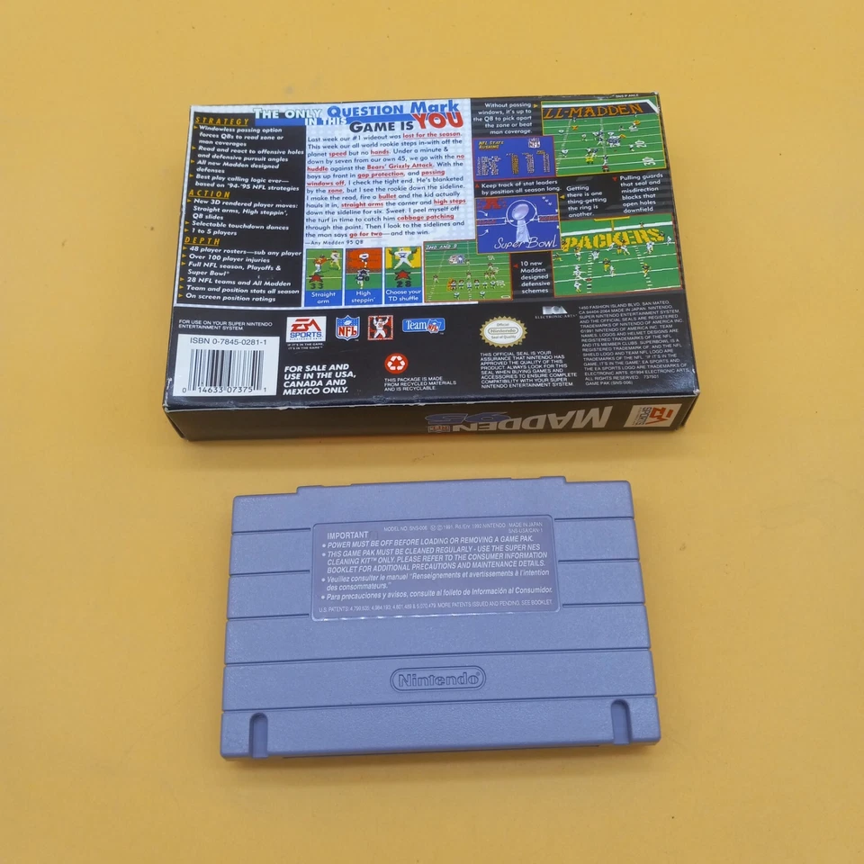 Оригинальная футбольная видеоигра Super Nintendo SNES 1995 John Madden NFL 95 с коробкой+ - Изображение 2 из 4