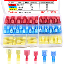 /100Pcs Nylon Spade Connectors Kit 22-10 Gauge Male and Female Wire Spade Termin