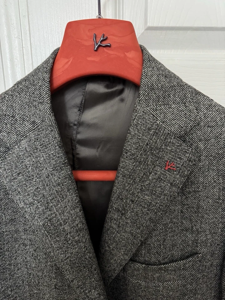 $4900 Isaia Napoli Men’s 100% Wool Luxury Herringbone Overcoat Grey US38R IT48 - Image 2 of 4
