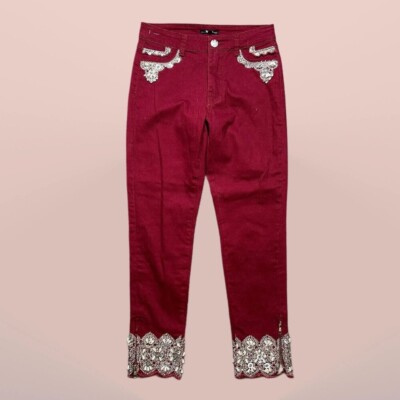Tesoro Moda Burgundy Embellished Jeans 2 Red Beaded Sequin Ankle Zip Statement