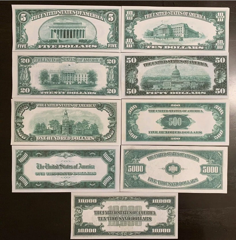 Reproducción Juego de billetes de la Reserva Federal de 1928 $5 - $10,000 ¡Leer descripción a continuación!! Foto 3 de 4