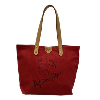 Auth IL BISONTE Red Beige Canvas Leather Tote Bag