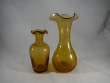Vintage Miniature Amber Crackle Glass Ruffle Vases Set of 2