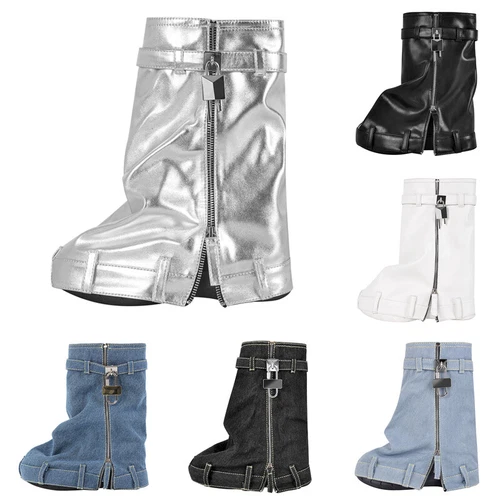 Punk Goth Womens Buckle Zipper Leather Round Toe High Wedge Heels Mid Calf Boots - Picture 2 of 51