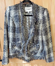 CAbi Carol Anderson Tweed Jacket Womens 4 Plaid Fringe Open Front Blazer