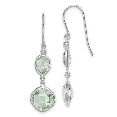 Sterling Silver Rhodium Plated Diamond and Green Quartz Dangle Earrings