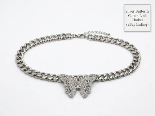 necklace Silver Butterfly Cuban Link Choker Necklace Rhinestone Crystal Choker - product listing photo