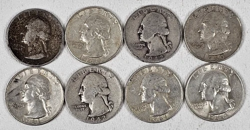 1937-1964 Washington Silver Quarters Lot of 8 Various years 90% Free Shipping
