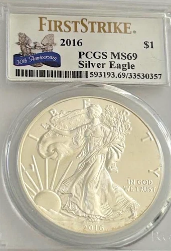 2016 American Silver Eagle Coin 1 oz Silver First Strike30 Anniversary PCGS MS69