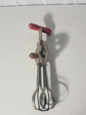 Vintage RED A&J High Speed Super Center Drive Egg Beater Hand Crank Whip Mixer