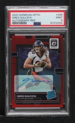 2022 Donruss Optic Rated Red Prizm 74/75 Greg Dulcich PSA 9 Rookie Auto RC 11ds