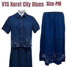 Vintage Koret City Blues Size PM 2PC Outfit Button Up Top/Elastic Waist Skirt