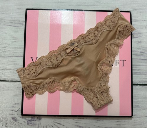 Victoria's Secret Very Sexy Panty Satin Smooth Silky Thong Lace Trim Beige XS