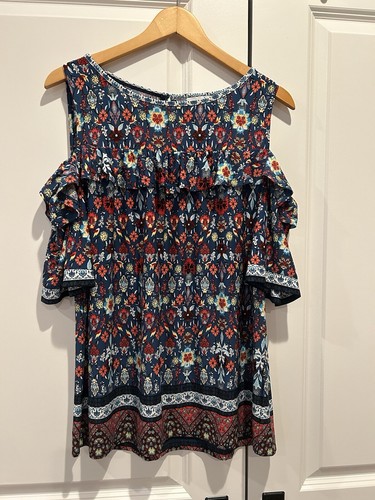 Women's Fever Cold Shoulder Colorful Floral Blue Orange Red Blouse Top Size L - Picture 6 of 6