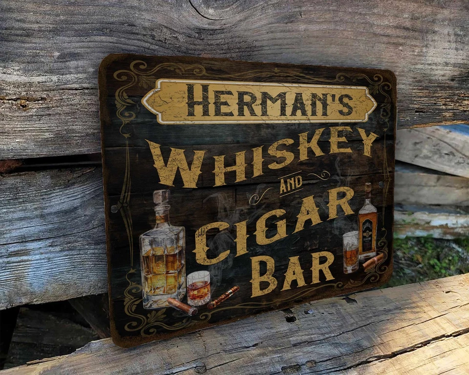 Personalized Whiskey & Cigar Bar Custom Man Cave 9" x 12" Rustic Metal Sign - Image 3 of 4