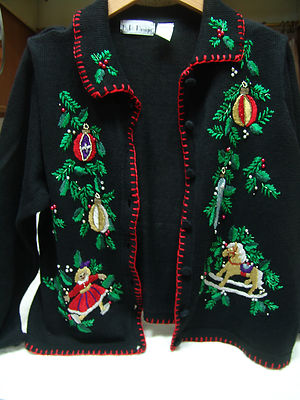 UGLY CHRISTMAS SWEATER CARDIGAN LARGE HOLIDAY BLACK BEADED NICE CONDITION