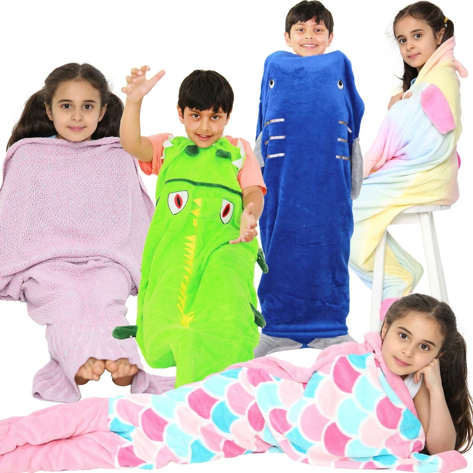 Kids Soft Fleece Blanket Mermaid Tail Crocodile Unicorn Shark Cosy Sleeping Bag