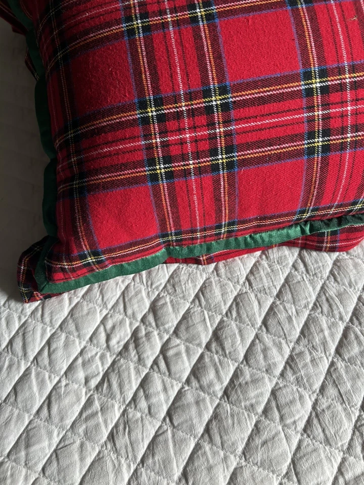 Pier 1 Tartan Plaid Holiday 2 Pillow Covers Flannel Red Green Ribbon Trim 22x15 - Image 2 of 4