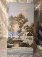Vintage Oil on Canvas New England Snowscape with Hunter and cabin in woods