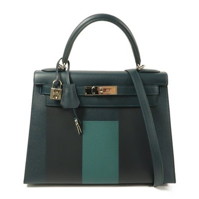 HERMES Kelly 28 2Way Shoulder Bag Epsom/Clemence Leather Vert Cypres/Bleu Obscur
