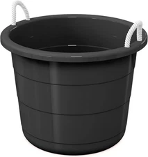 17 Gallon Plastic Storage Tub with Rope Handles, Black | Utility Storage Bucket