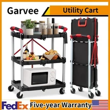 Portable Folding Service Cart 3 Tier Folding Utility Cart 56 Lbs Load Capacity