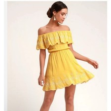 LULUS Flared Yellow Embroidered Mini Dress Elastic Waist Shoulder Off Lined XL