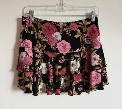 READ! Vintage 90s Chocolate Brown Illustrative Rose Tiered Ruffle Mini Skirt