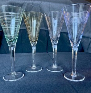 Vintage Bohemian Crystal Etched & Colored Glass Champagne Flutes  Set of 4