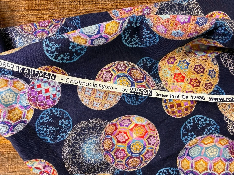 Robert Kauffman Fabric Christmas In Kyoto Silver Gold Red Balls On Blue 4 Yards - Image 4 of 4