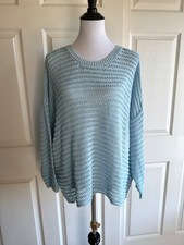 NWT EILEEN FISHER 258 1X Cotton Cord Crew Neck Open Knit Sweater Pale Sky Blue