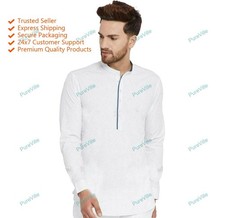 Indian Clothing Fashion Shirt Traditional Mens Short Kurta Cotton Color White