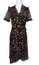 Endless Rose Women's Black Floral Embroidered Wrap Midi Dress Size Small