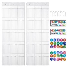 2 Pack Clear Classroom Headphone Organizer,15-Pocket Hanging Storage Hook,Number