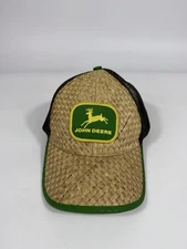 Vintage John Deere Straw Basketweave Front Green Mesh Snap Back Baseball Hat Cap