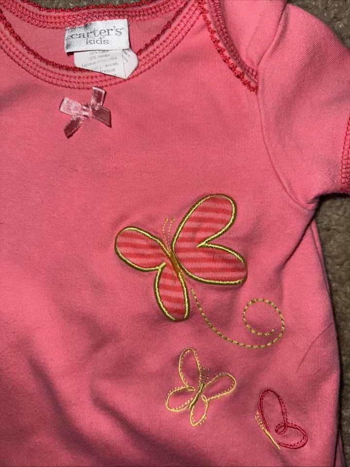 Vtg Carter’s Kids Girls Sz 0-3 M Coral S/S Romper with Embroidered Butterflies - Image 2 of 4