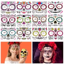 12 Sheet Day of the Dead Face Tattoos, Halloween Temporary Tattoos Face Stick...
