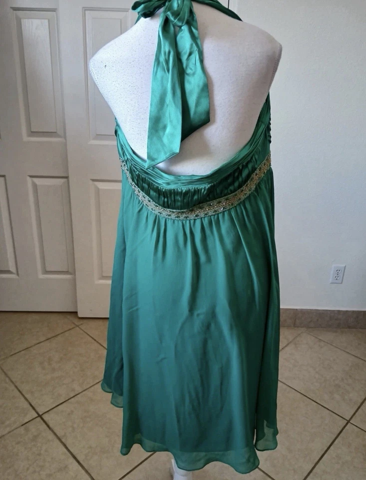 Adrianna Papell Womens Dress 14 Green 100% Silk Halter Beaded Formal Cocktail - Image 3 of 4