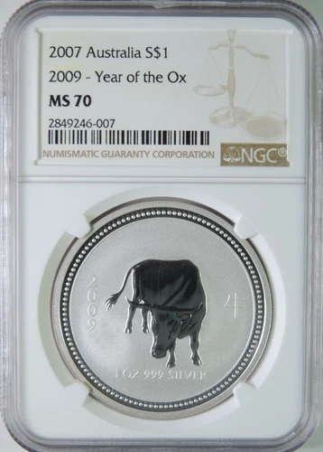 2007 (2009) Australia Lunar Year of the Ox 1oz .999 Silver $1 Coin NGC MS70