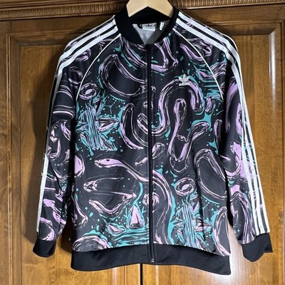 Adidas Full-Zip Allover Print Swirls SST Track Jacket Youth Girls Sz L 13-14Y