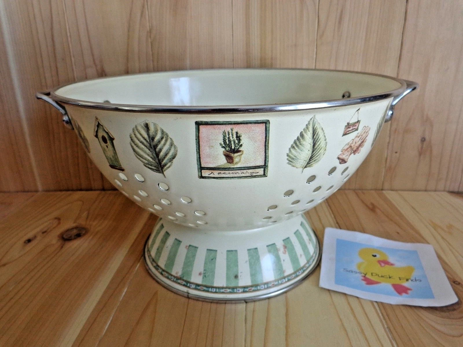 ENAMEL COLANDER 11" Large Green Leaf Garden Print Stainless Handles Rim
