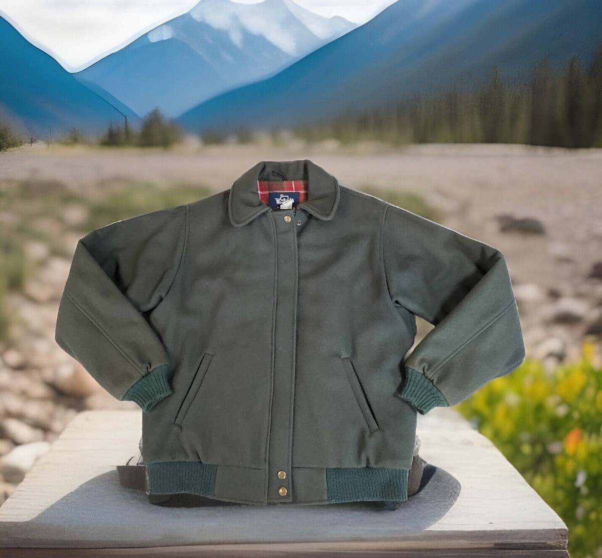 Woolrich Green Wool Bomber Jacket Flannel Lined Vintage Mens Sz