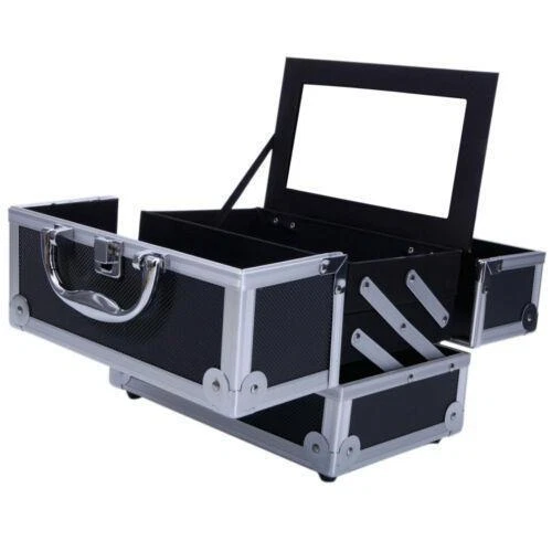 Large Pro Aluminum Makeup Train Case Box Jewelry Cosmetic Organizer with Mirror - Picture 5 of 10