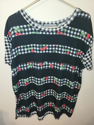 Absolutely Famous Womens Size 1X T Shirt Black Green Cherries Cap Sleeves Stripe