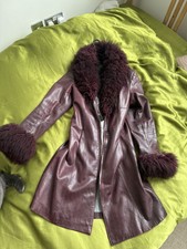 Real Leather Vintage Lined Fur Trim Trench Coat Ox Blood Colour Penny Lane Size8
