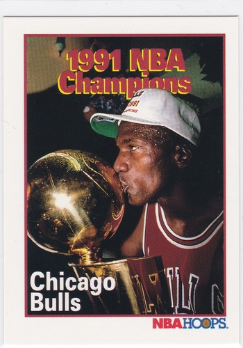 1990-91 NBA Hoops #543 1991 NBA Champs MICHAEL JORDAN trophy kiss Chicago Bulls