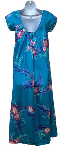 Vintage Paradise Hawaii Maxi Mumu Dress Vibrant Blue Tropical Floral Size 6 - Picture 2 of 7