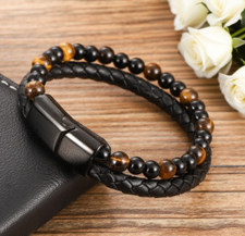 8" Tiger  s Eye Obsidian Men's Leather Bracelet Stainless Steel Magnetic Clasp