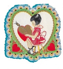 Vintage Valentines Card, Girl w/ Arrow, Carrington, Signed, AL134